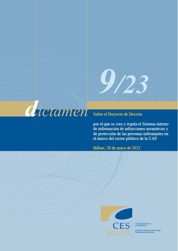 Dictamen 9/23 de 29 de mayo sobre el Proyecto de Decreto por el que se crea y regula el Sistema interno de información de infracciones normativas y de protección de las personas informantes en el marco del sector público de la Comunidad Autónoma de Euskadi